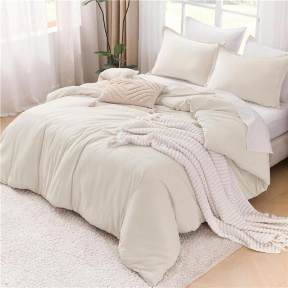 Queen Comforter Set Beige, 3 Pieces Lightweight Fluffy Solid Bedding Comforter - Picture 4 of 8